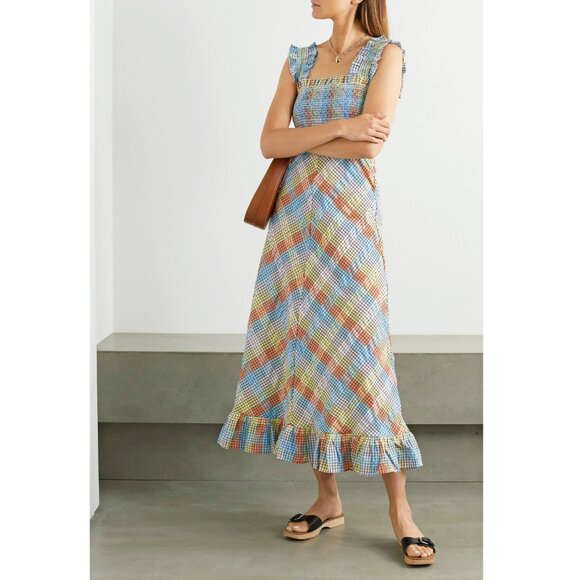New Ganni Smocked Plaid Seersucker Maxi Dress 40, 8, M $285 - Picture 1 of 10